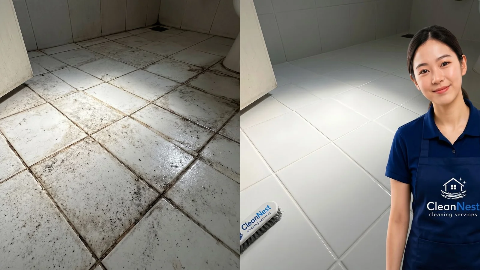 Before and after of cleaned bathroom grout