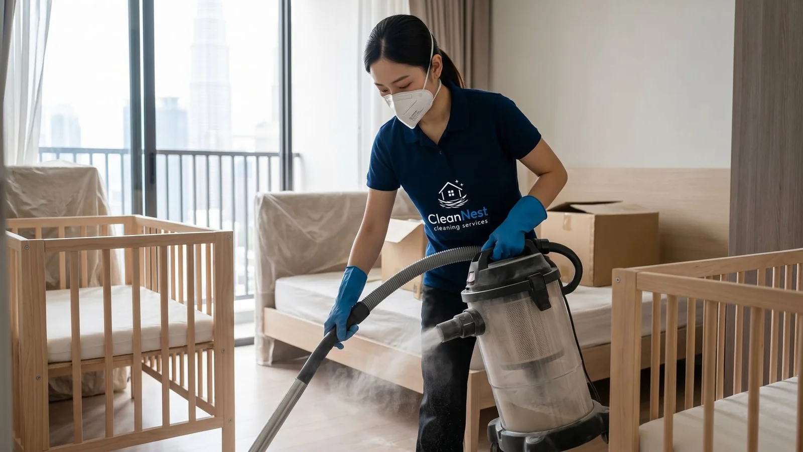 Cleaner in PPE with HEPA vacuum near baby cot