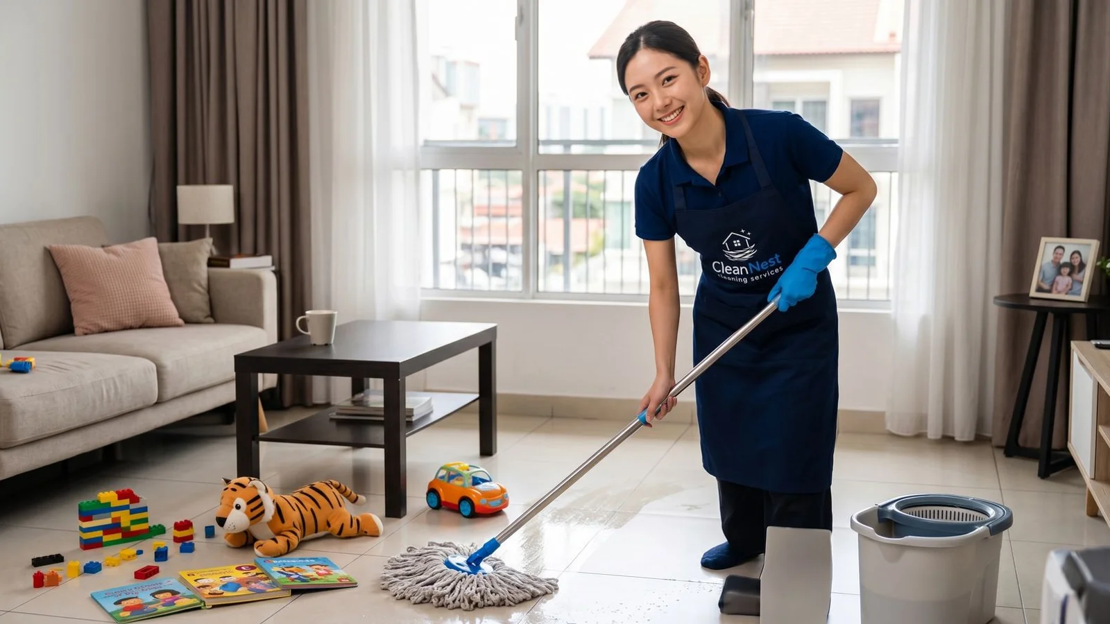 Cleaner working in a busy KL family living room