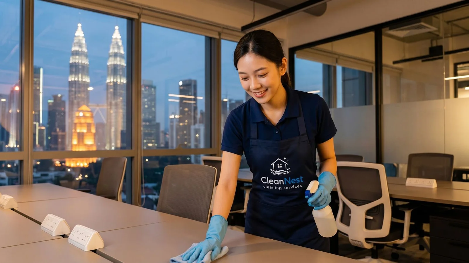 Cleaner wiping desks in coworking space after hours
