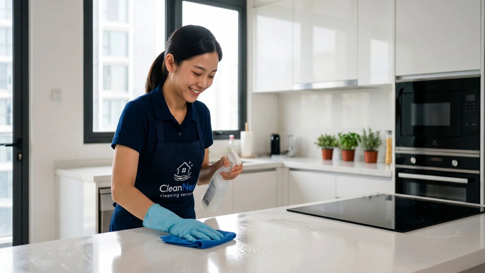 Cleaner wiping kitchen counter in a Malaysian condo