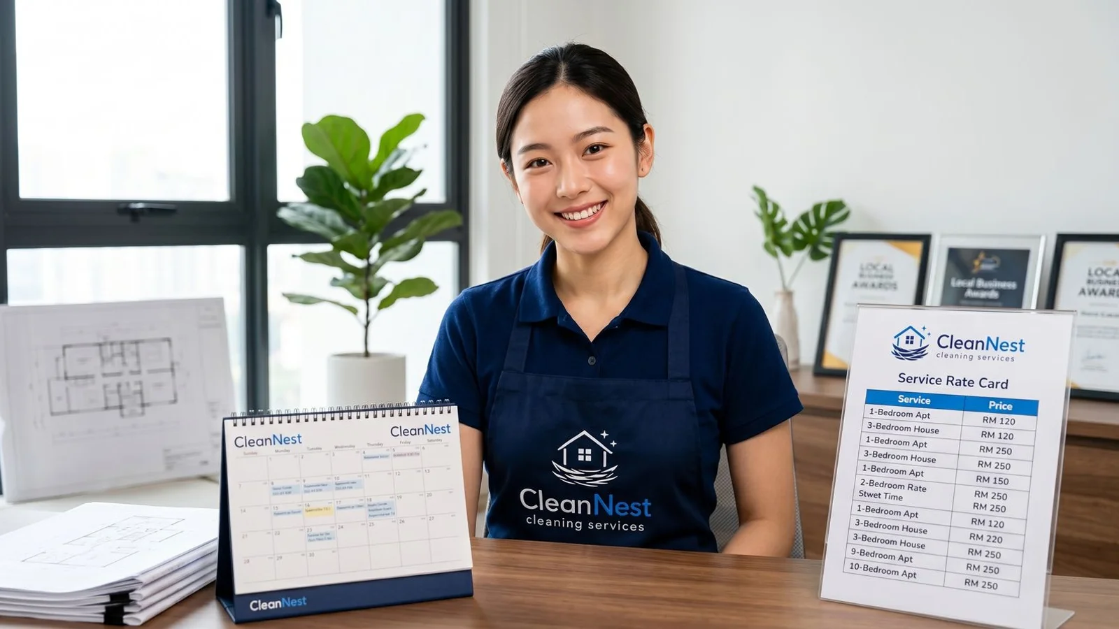 Cleaner with pricing card in a tidy Malaysian living room