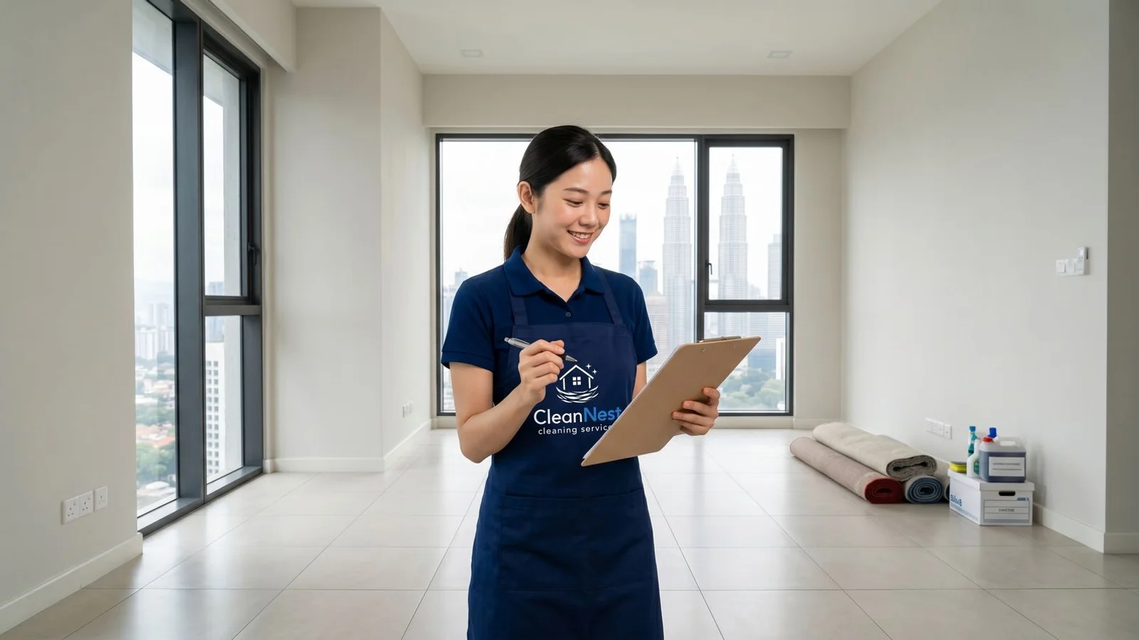 Cleaner with checklist working through empty KL condo