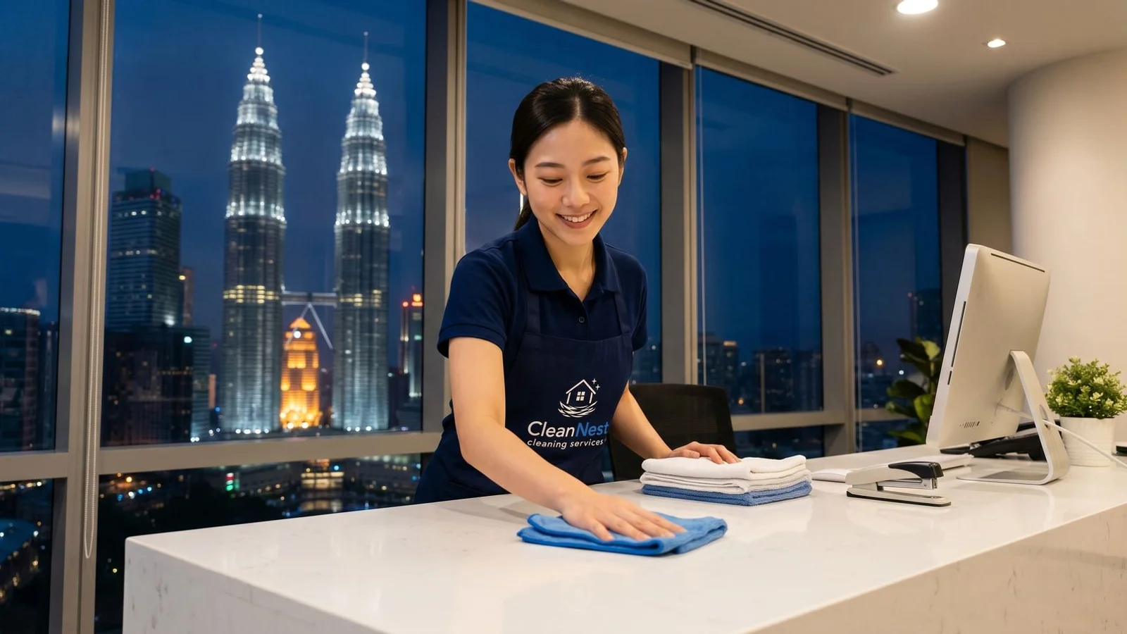 Cleaner working in KL office reception after hours