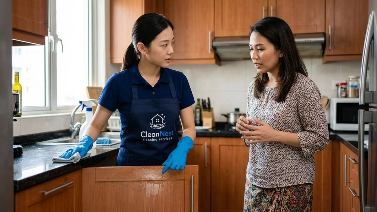 Cleaner pointing out kitchen grease film