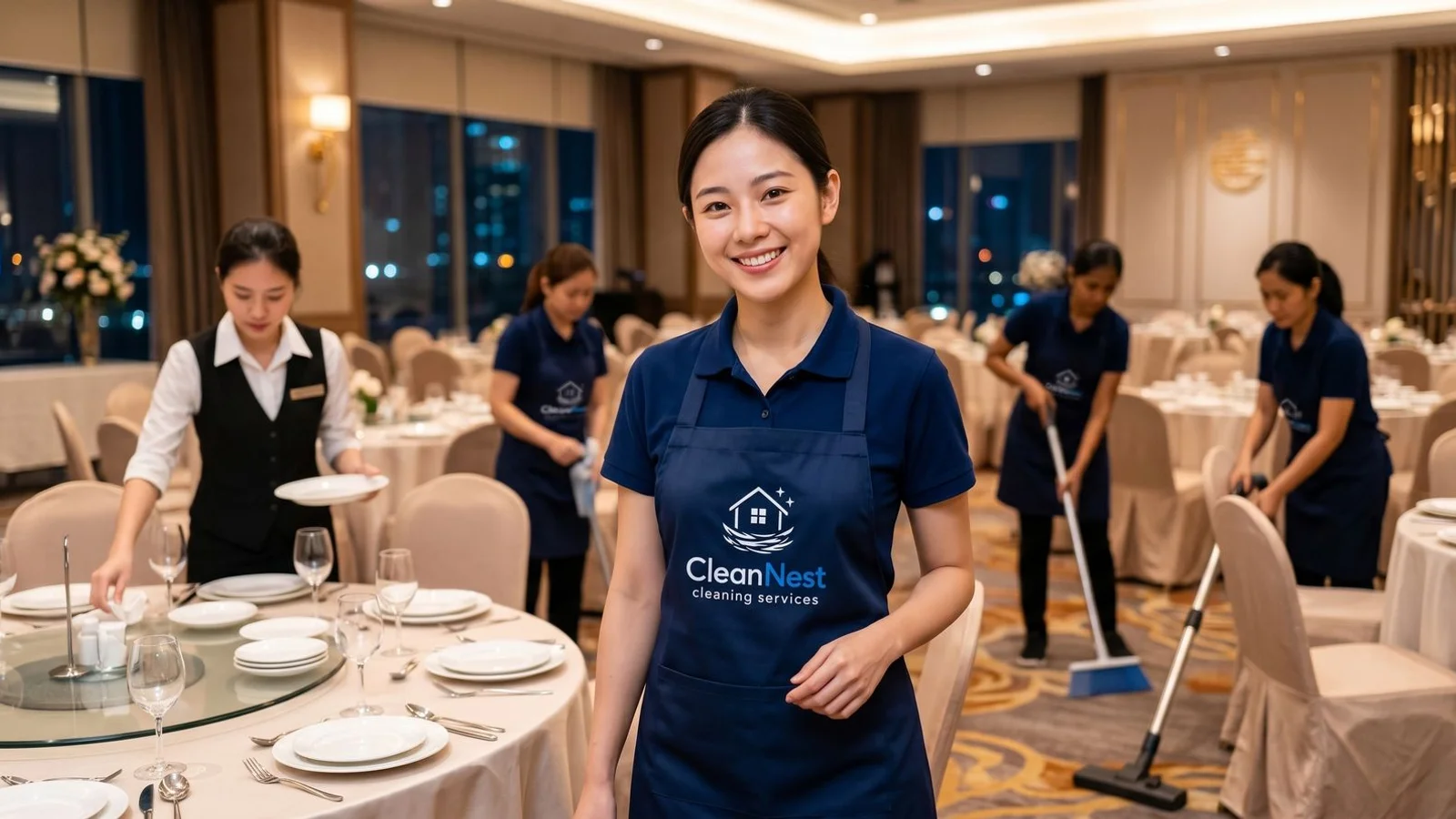 Team resetting a post-wedding banquet hall