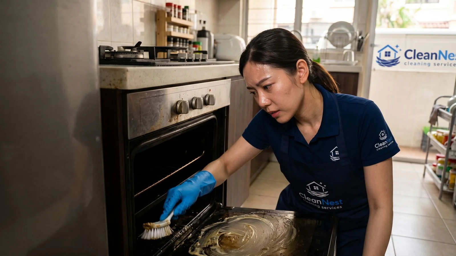 Cleaner intensive scrubbing behind oven in KL kitchen