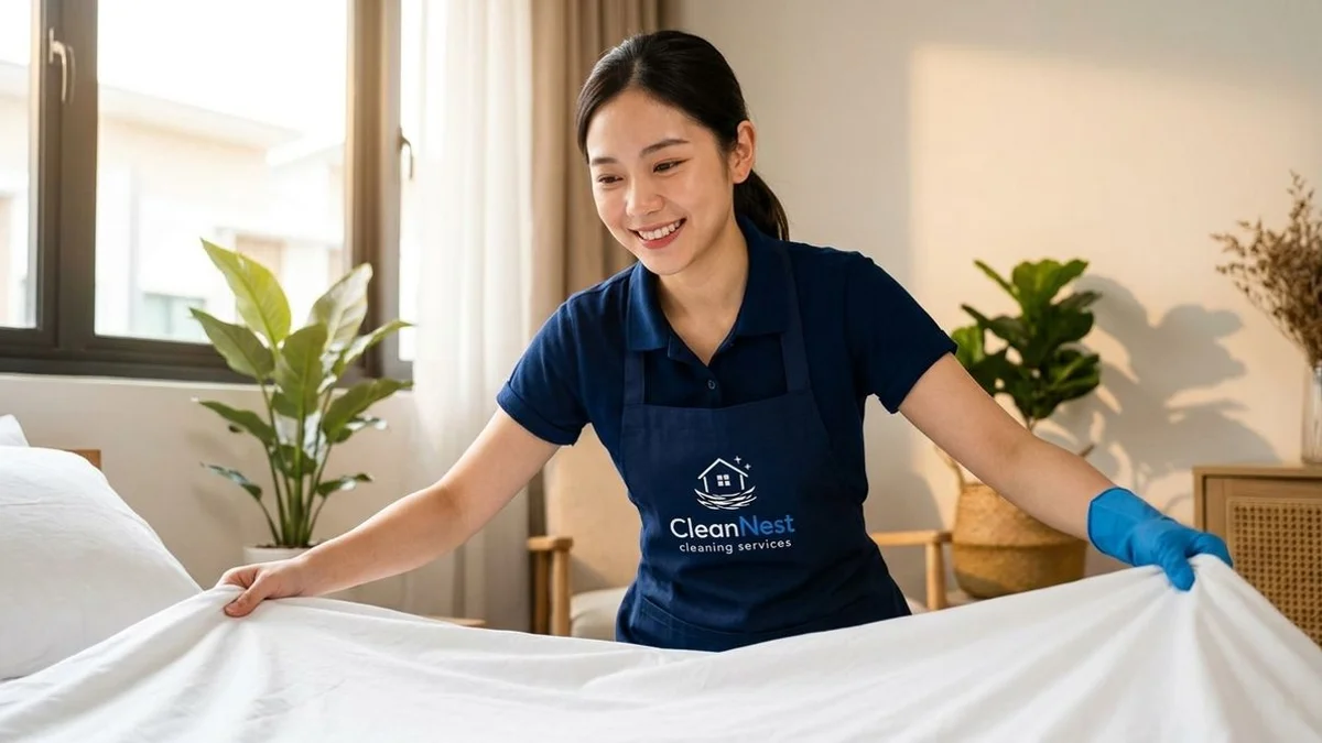 Cleaner making the bed in a tidy bedroom