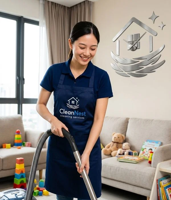 Cleaner vacuuming a Klang Valley living room