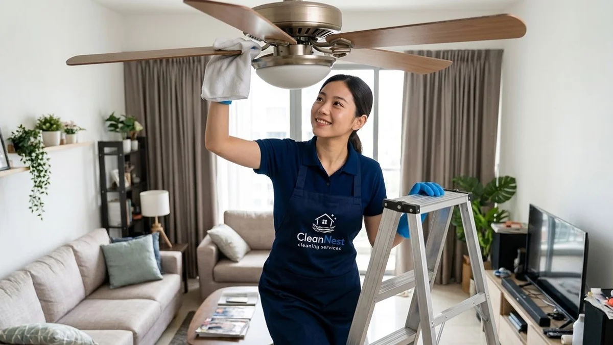 Team detail-cleaning ceiling fan and light fixture