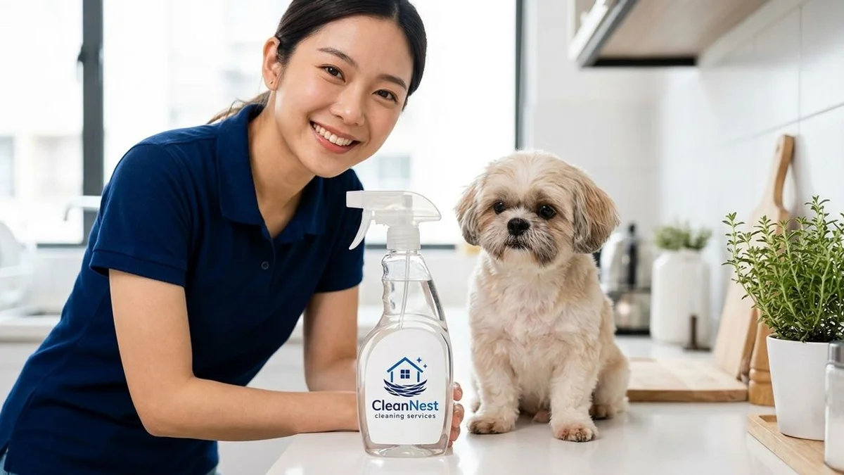 KKM-approved eco cleaning product next to a small dog