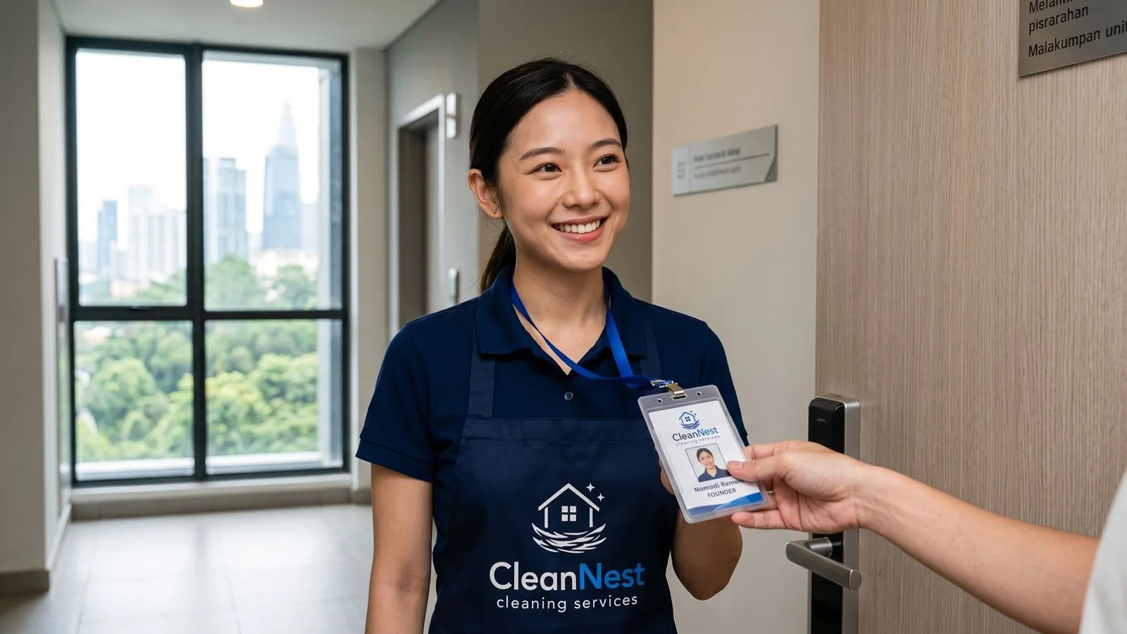 Cleaner showing ID badge to homeowner at door