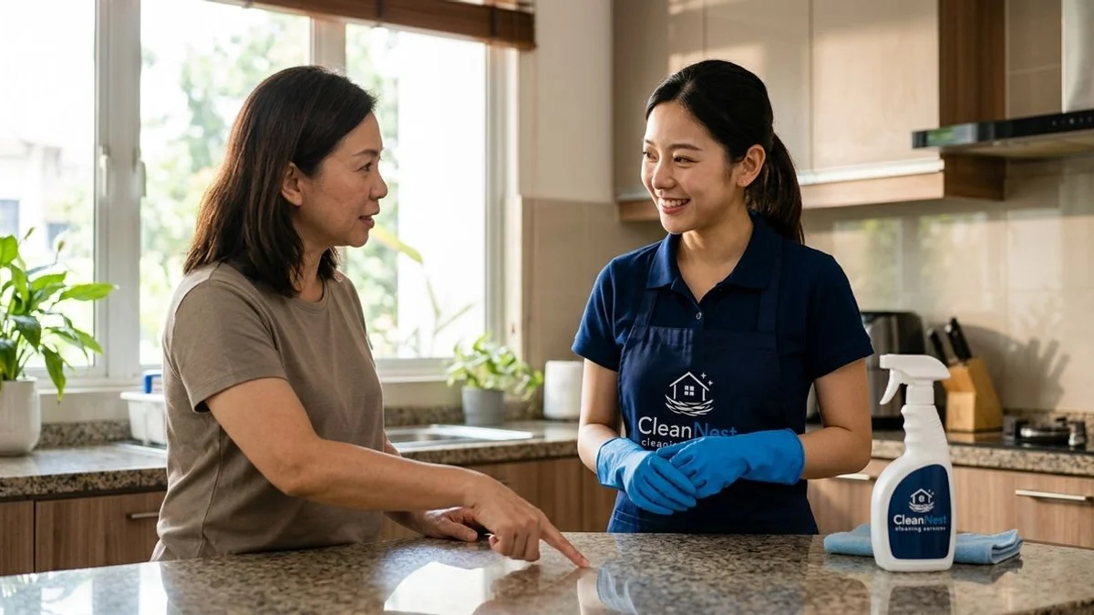 Homeowner pointing out a special-surface area to a friendly cleaner