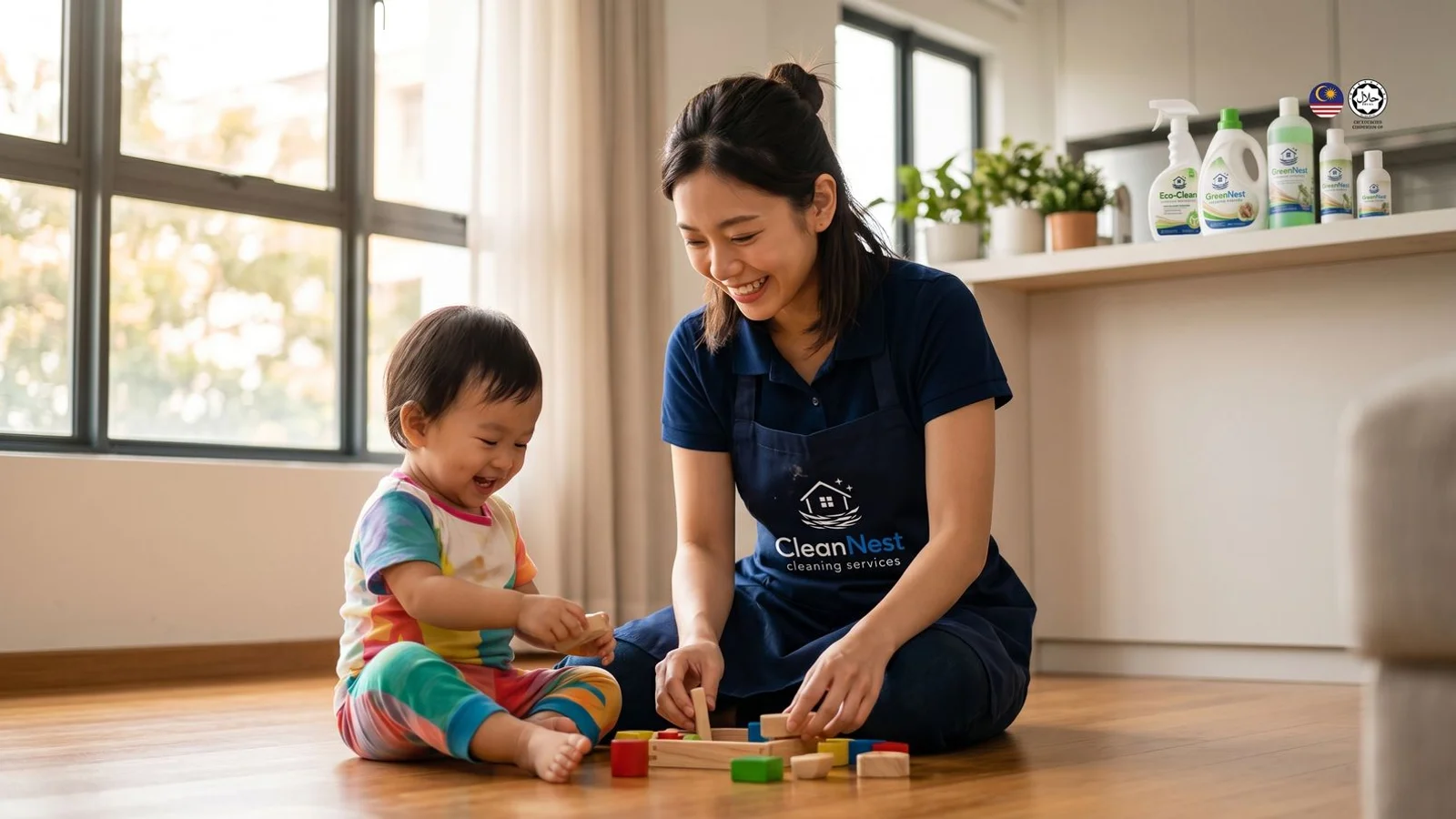 Mother and toddler playing safely on a freshly cleaned floor