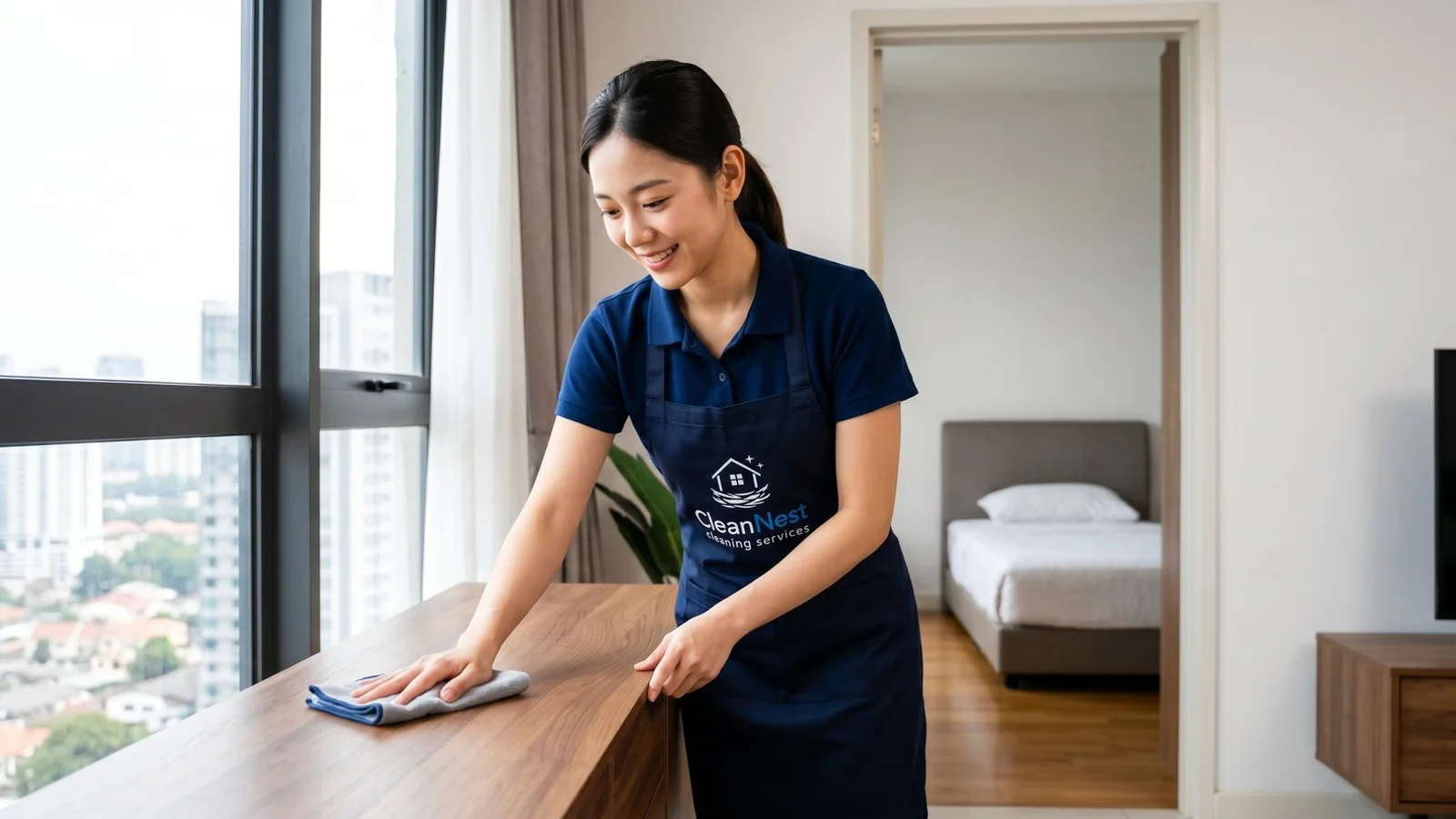Modern condo with part-time cleaner working efficiently
