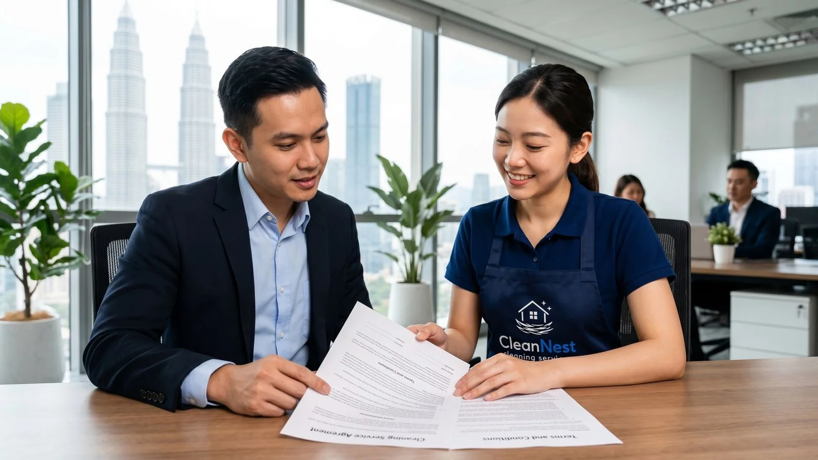 Office manager reviewing contract with Clean Nest