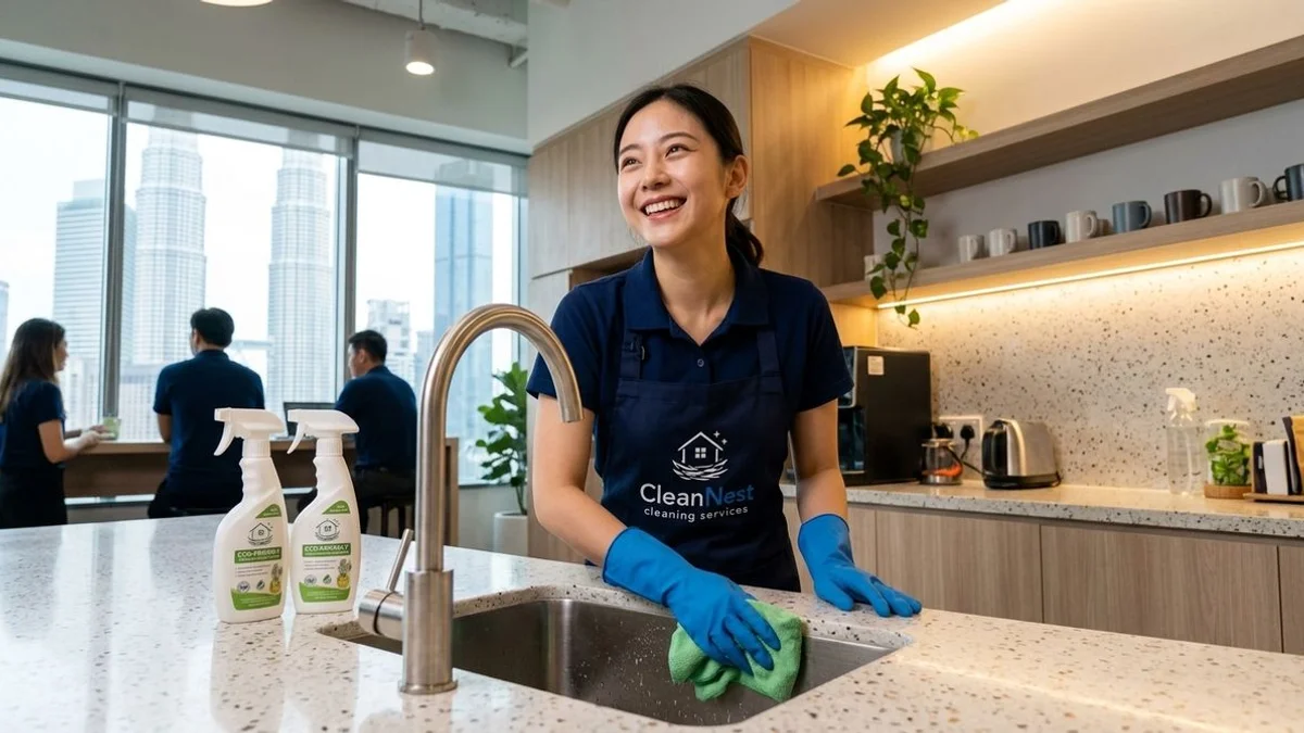 Office pantry being cleaned