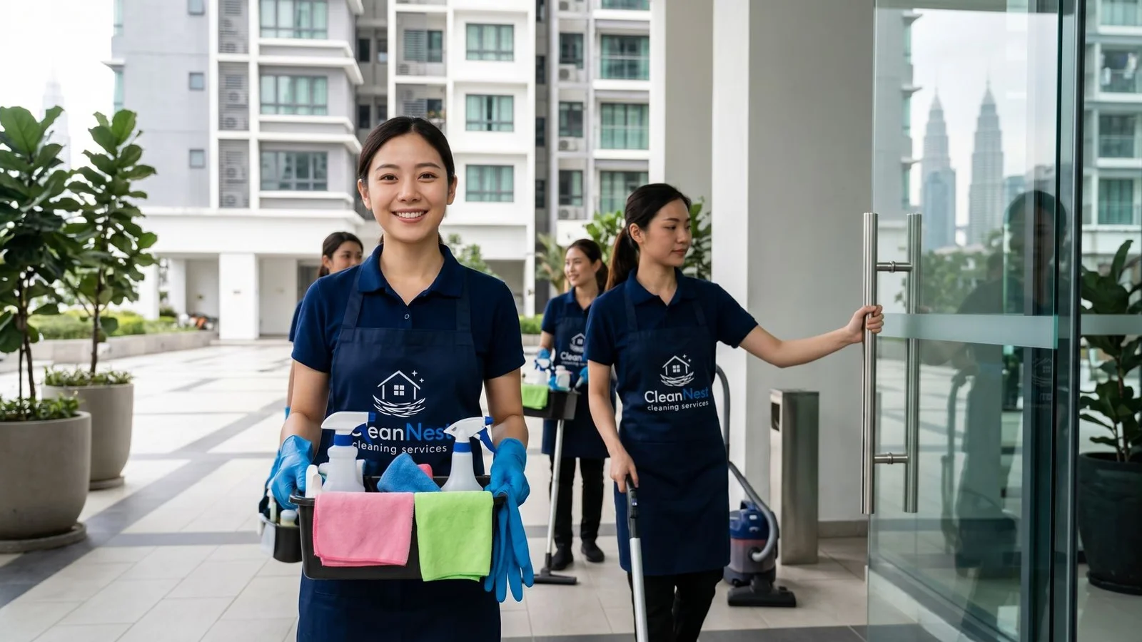 Tidy KL condo entrance with cleaning team arriving