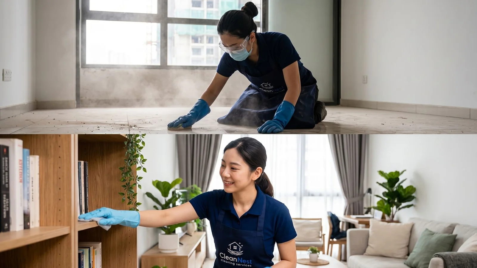 Two cleaners — one PPE in renovated space, one in regular uniform