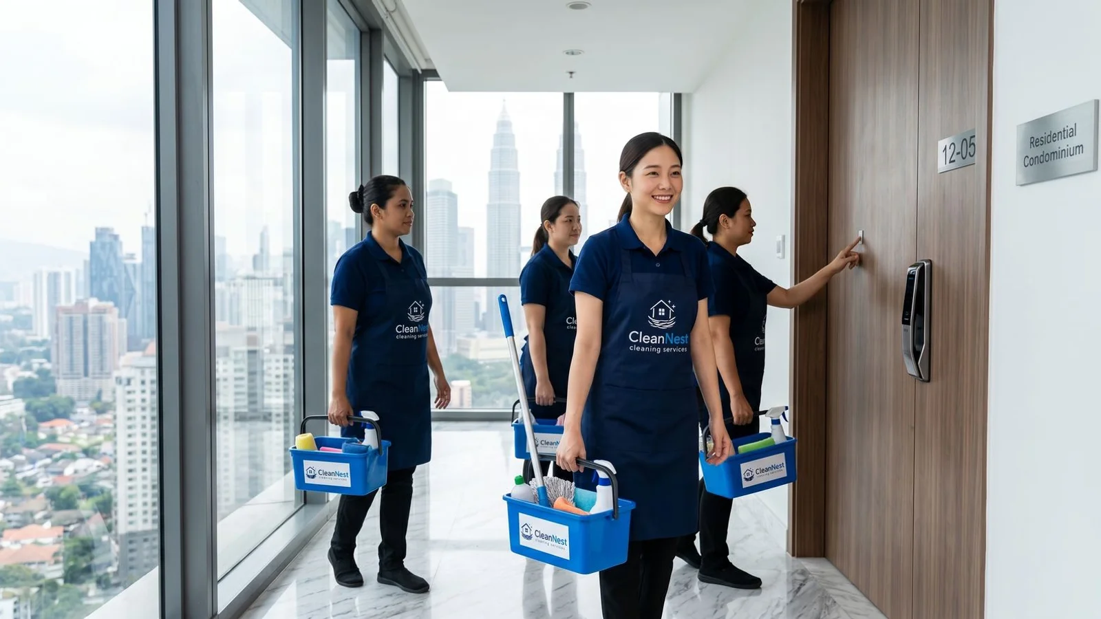 Uniformed Clean Nest team arriving at a Kuala Lumpur condo