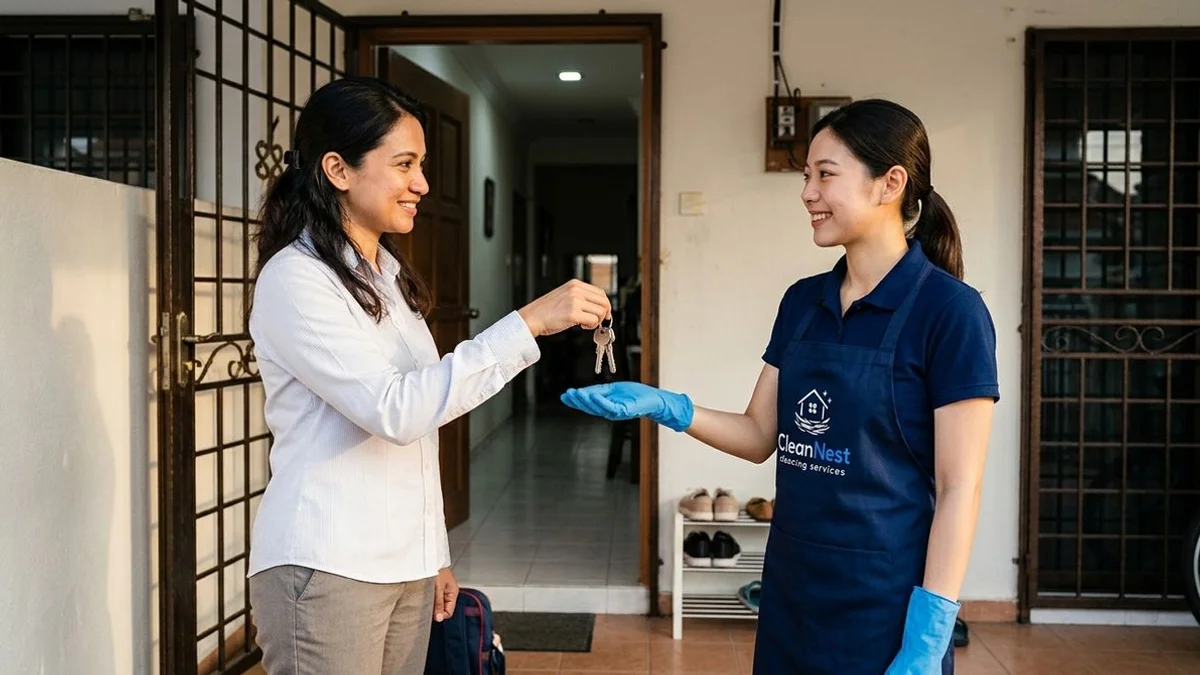 Working mother handing keys to a trusted cleaner